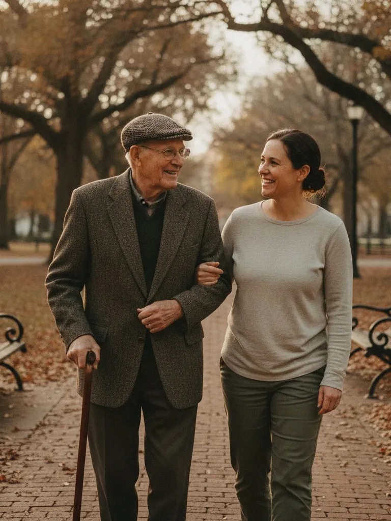 Representative image: an older man with a cane walks arm in arm with a home care aide in a park