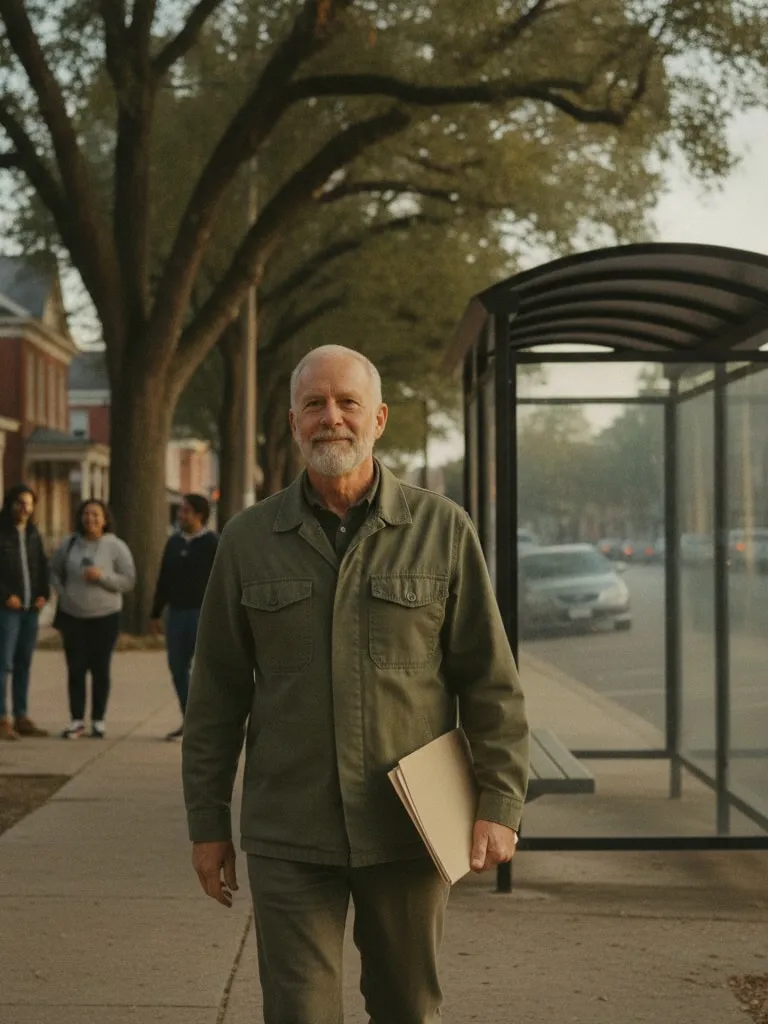 Representative image: an older man with a gray beard walking to a neighborhood bus stop