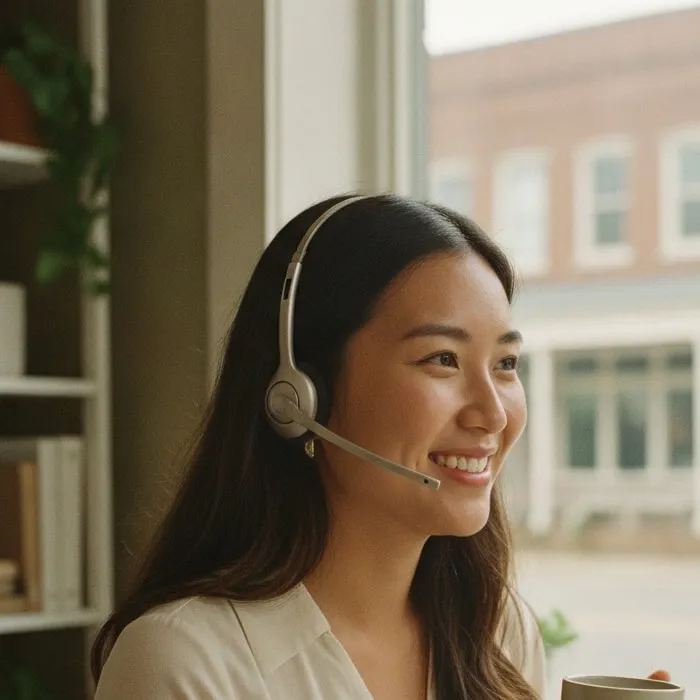 Imagen representativa: una coordinadora de atención joven con auriculares sonríe mientras escucha una llamada