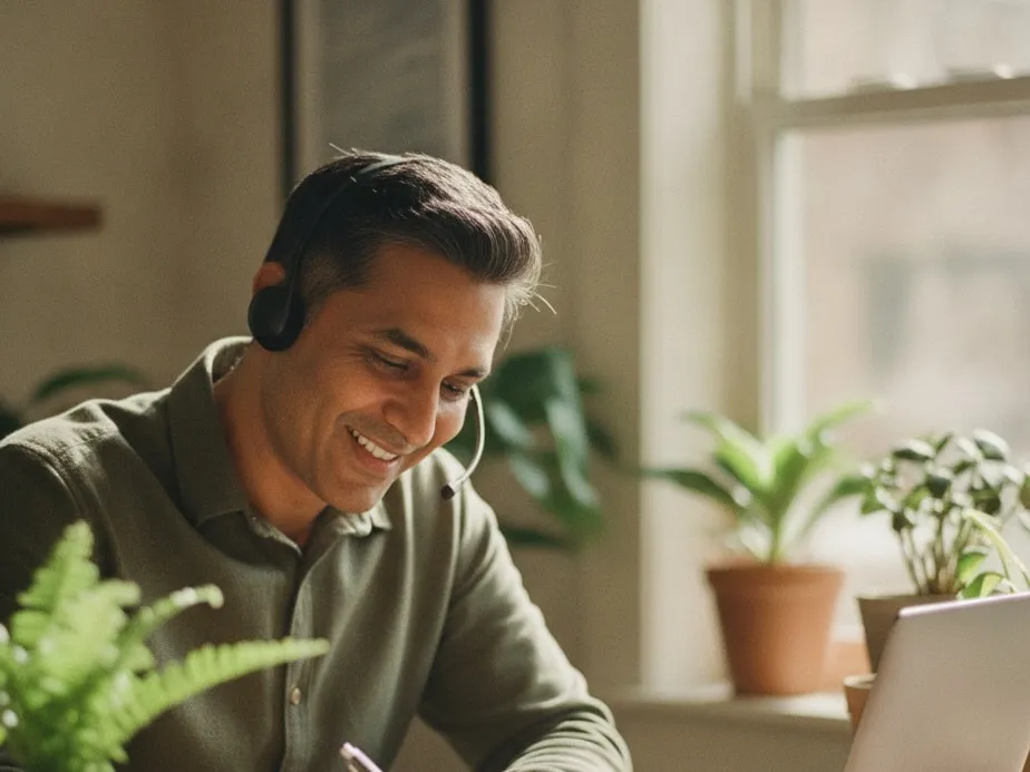 Representative image: a care coordinator with a headset smiles while taking notes on a call