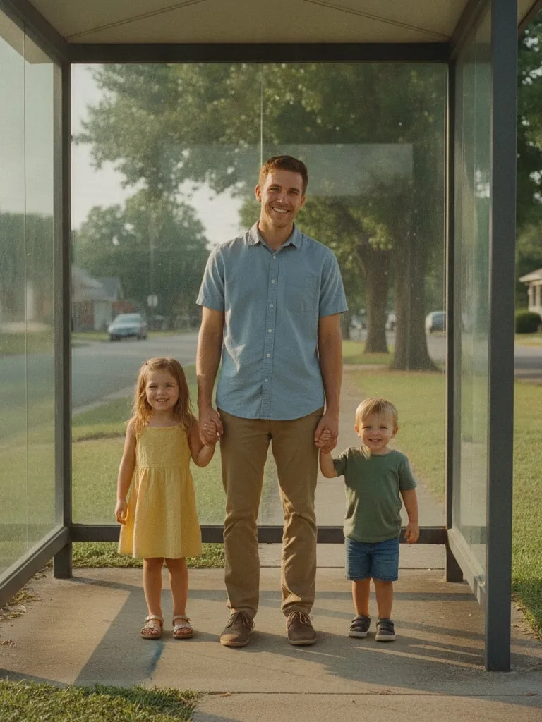 Representative image: a father holds his two children’s hands at a neighborhood bus shelter