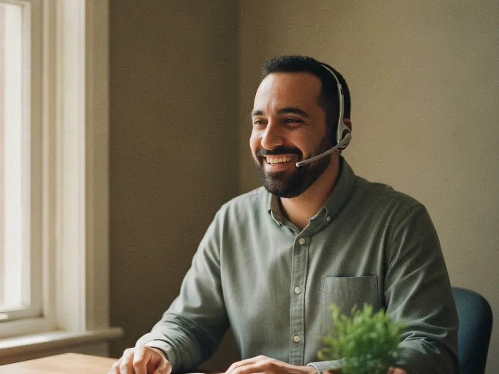 Imagen representativa: un coordinador de atención con barba y auriculares sonríe durante una llamada en su escritorio
