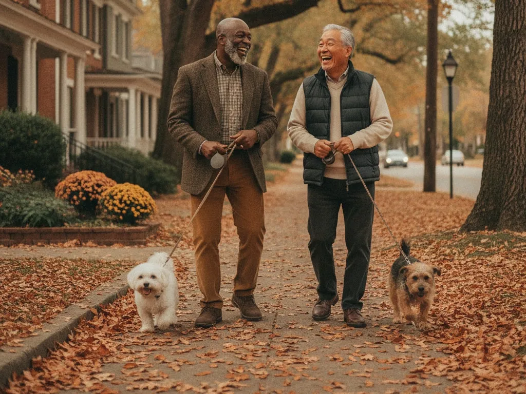 Representative image: two older men laugh as they walk their small dogs down a leafy street
