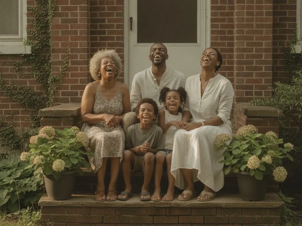 Representative image: a grandmother, two parents and two children laugh together on their front steps