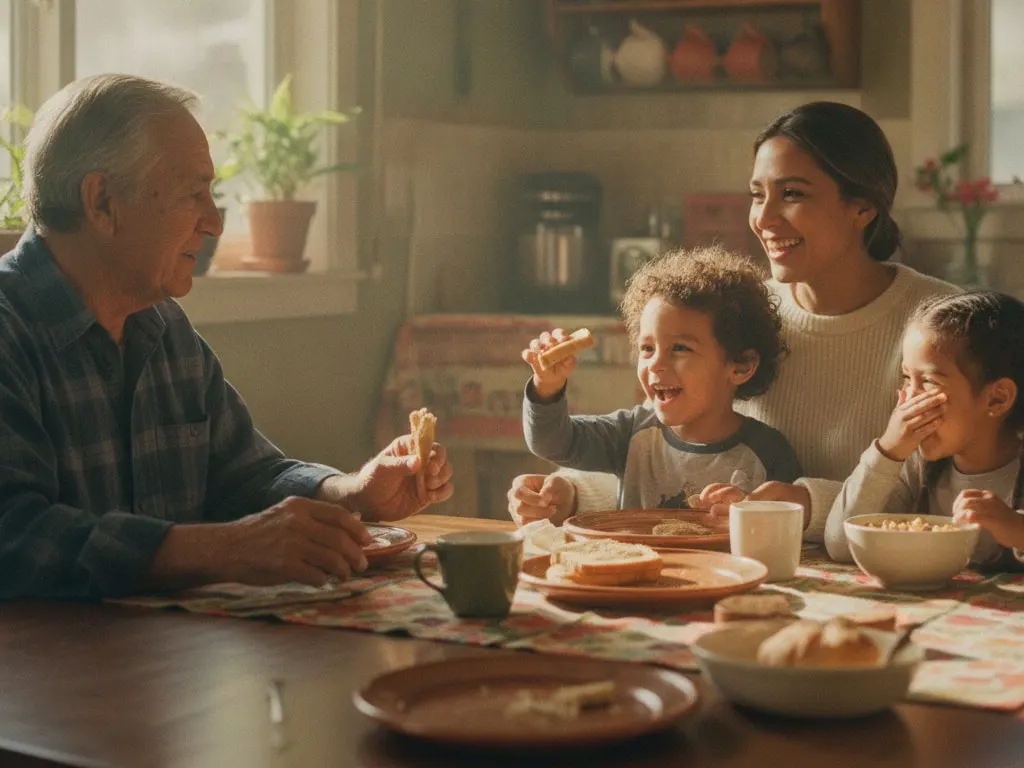 Representative image: a grandfather, his daughter and two children laugh over breakfast
