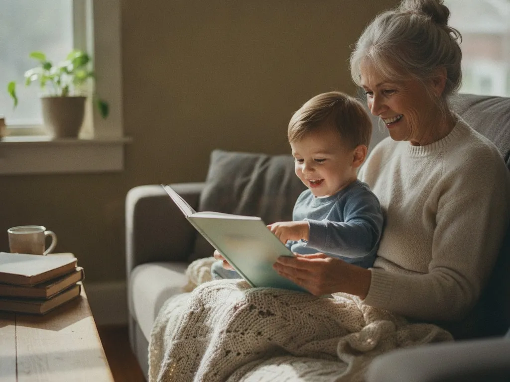 Representative image: a grandmother reads a picture book with her young grandson on the sofa