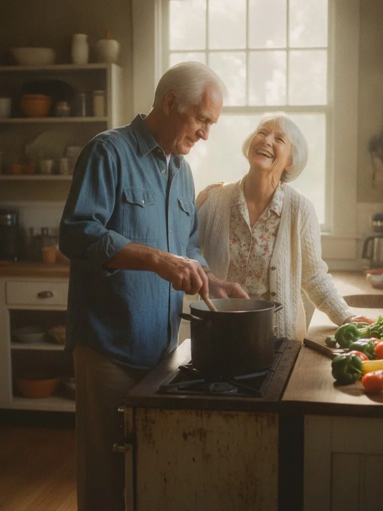 Representative image: an older couple cooks dinner together in their kitchen