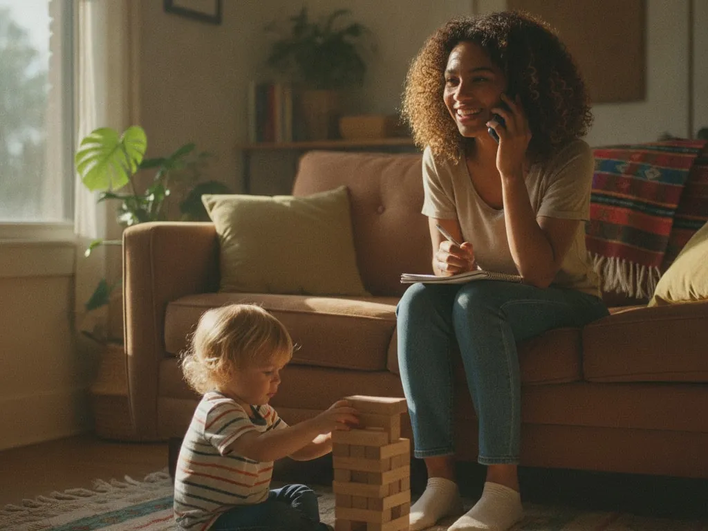 Representative image: a young mother takes a call on the sofa while her toddler stacks blocks