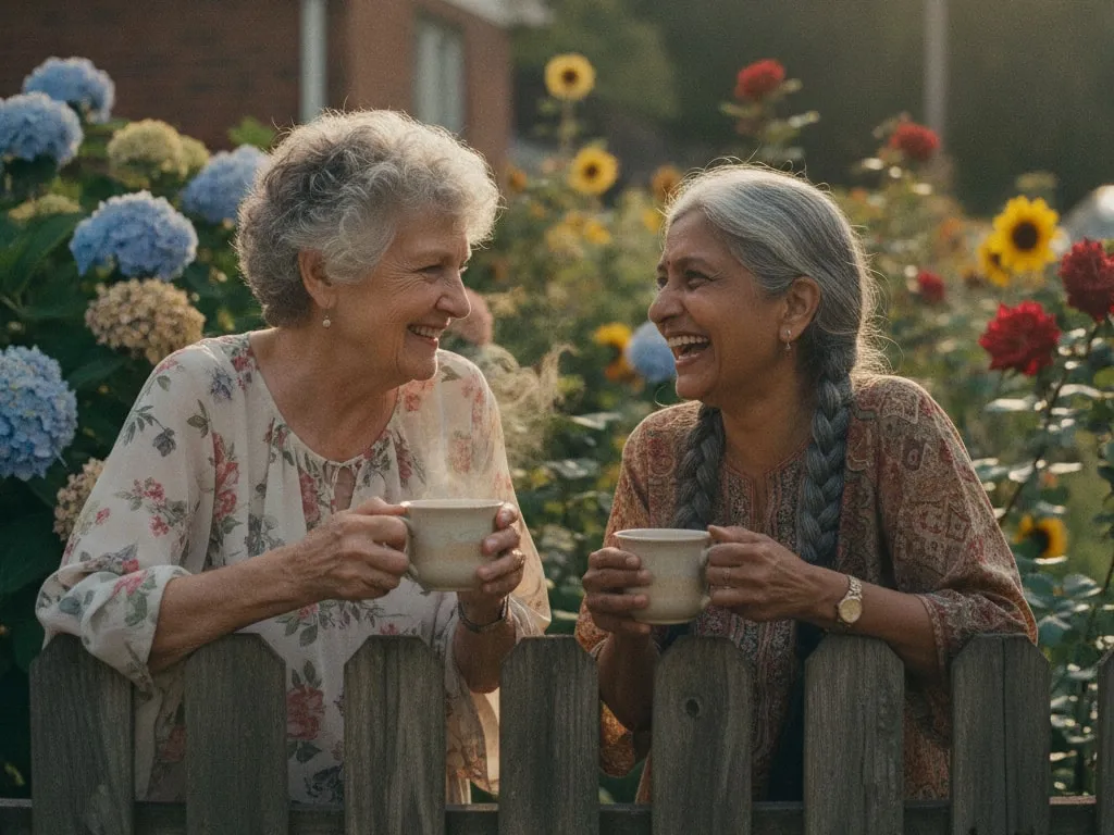 Representative image: two older neighbors laugh over a garden fence with cups of tea