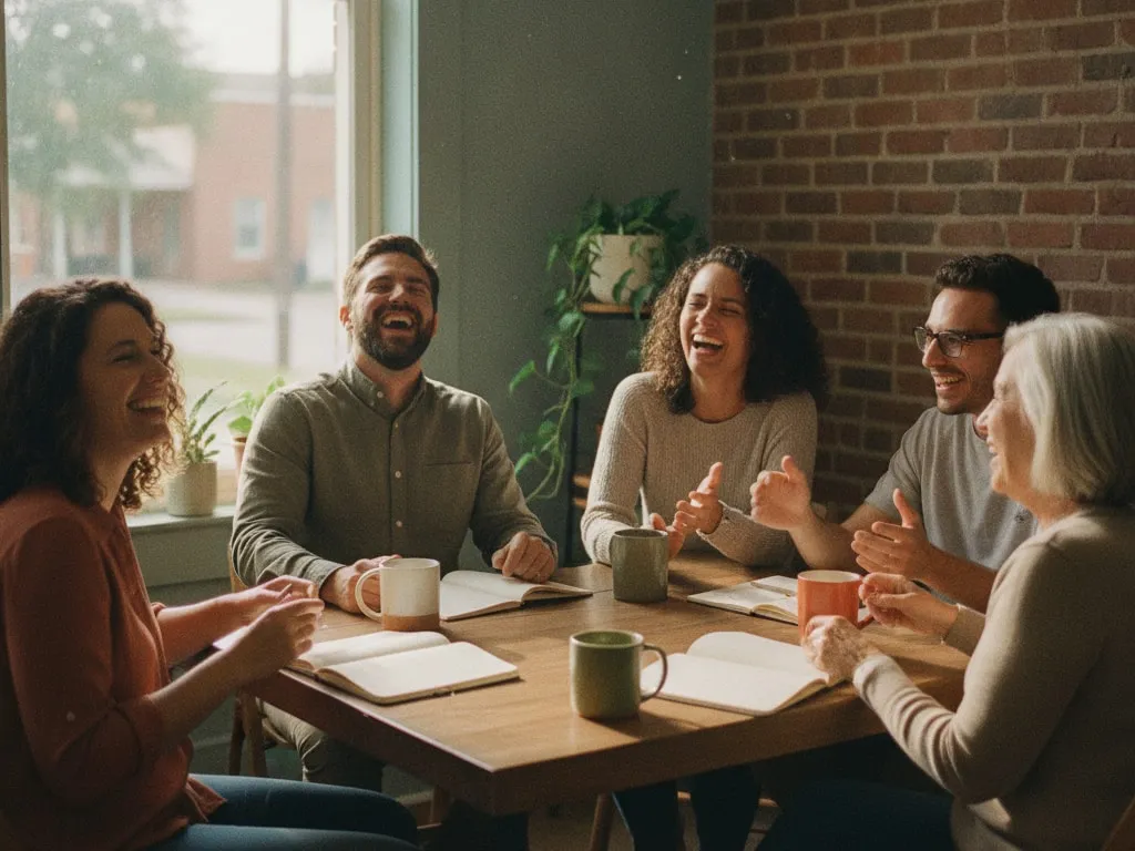 Imagen representativa: un equipo pequeño ríe junto alrededor de una mesa en una oficina luminosa