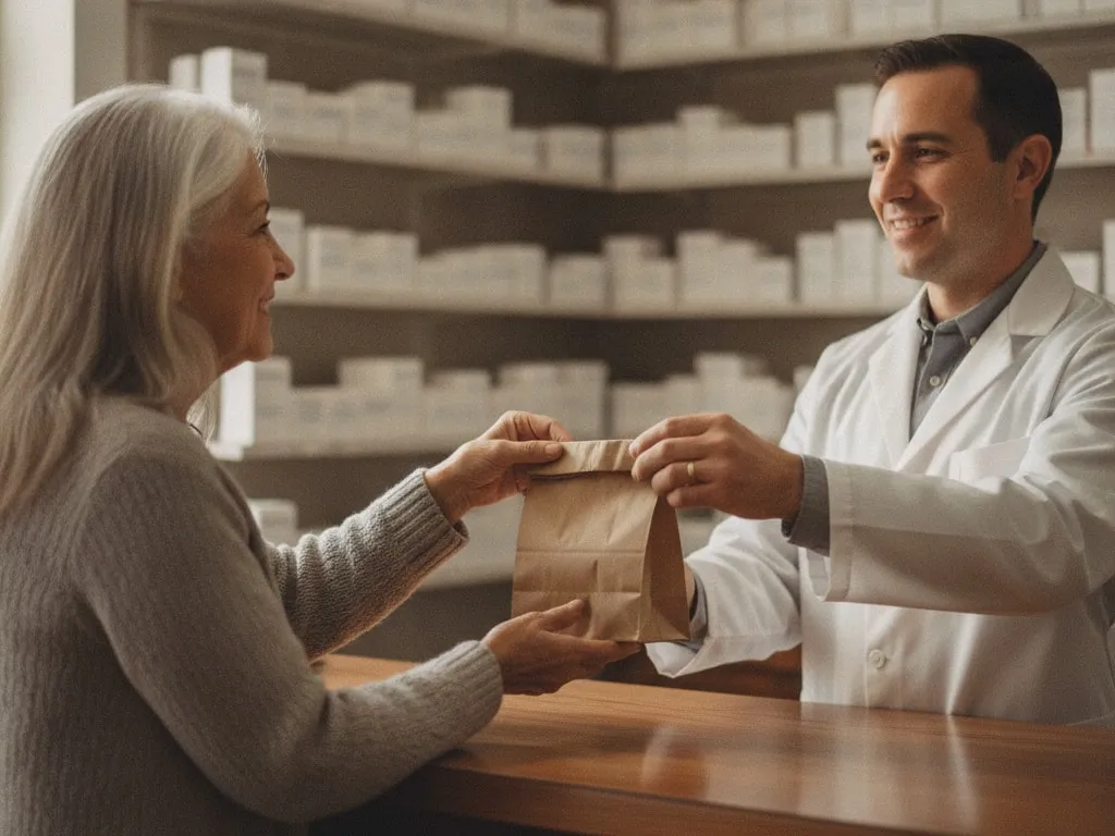 Representative image: a pharmacist hands an older woman her prescription bag across the counter