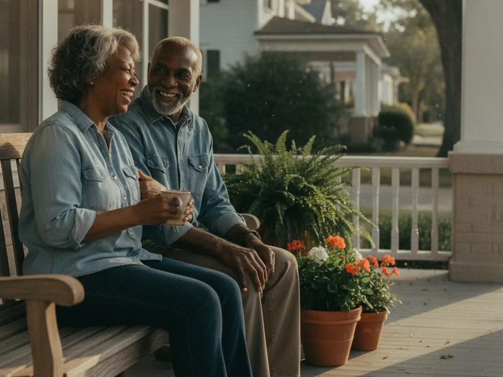 Representative image: an older couple laughing together on the bench of their front porch