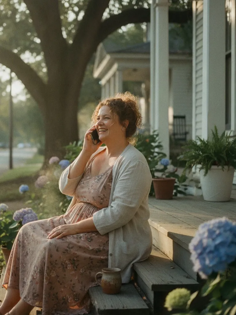 Representative image: a woman smiles on the phone on her front steps with a cup of coffee