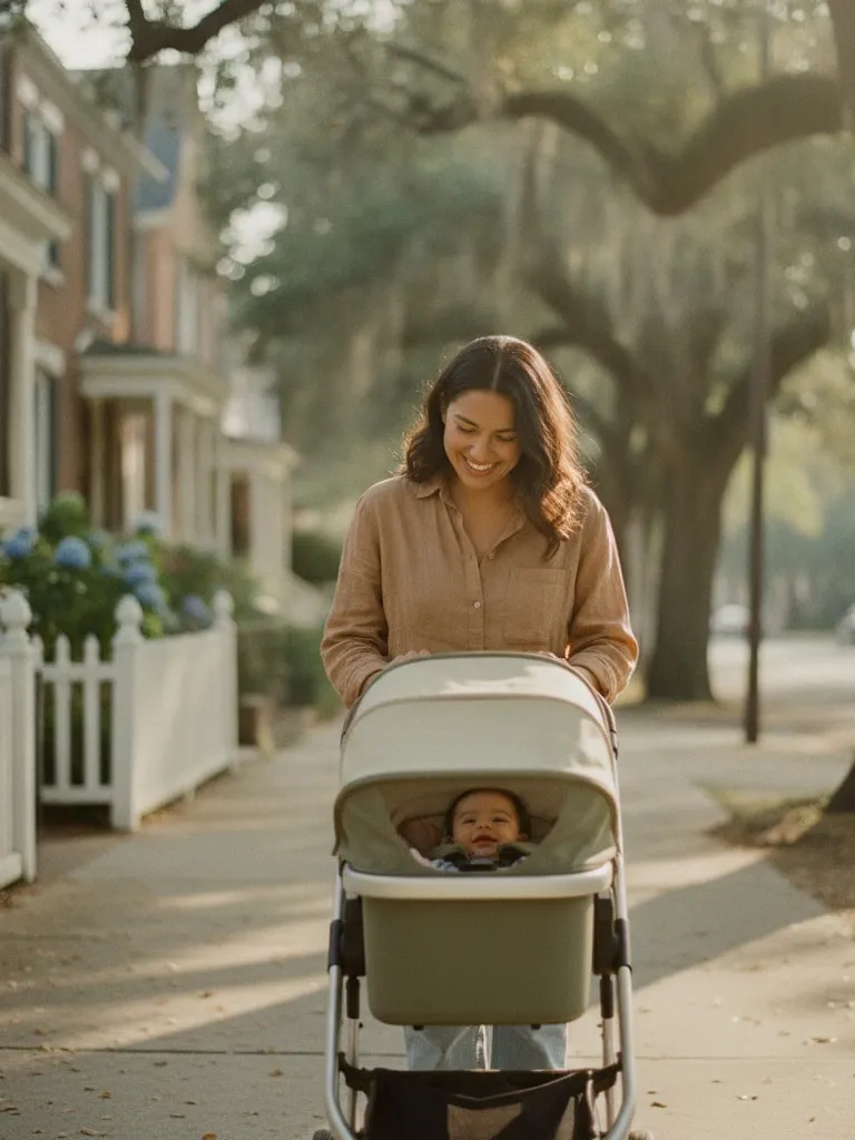 Representative image: a young mother smiles at her baby as she pushes a stroller down a sidewalk