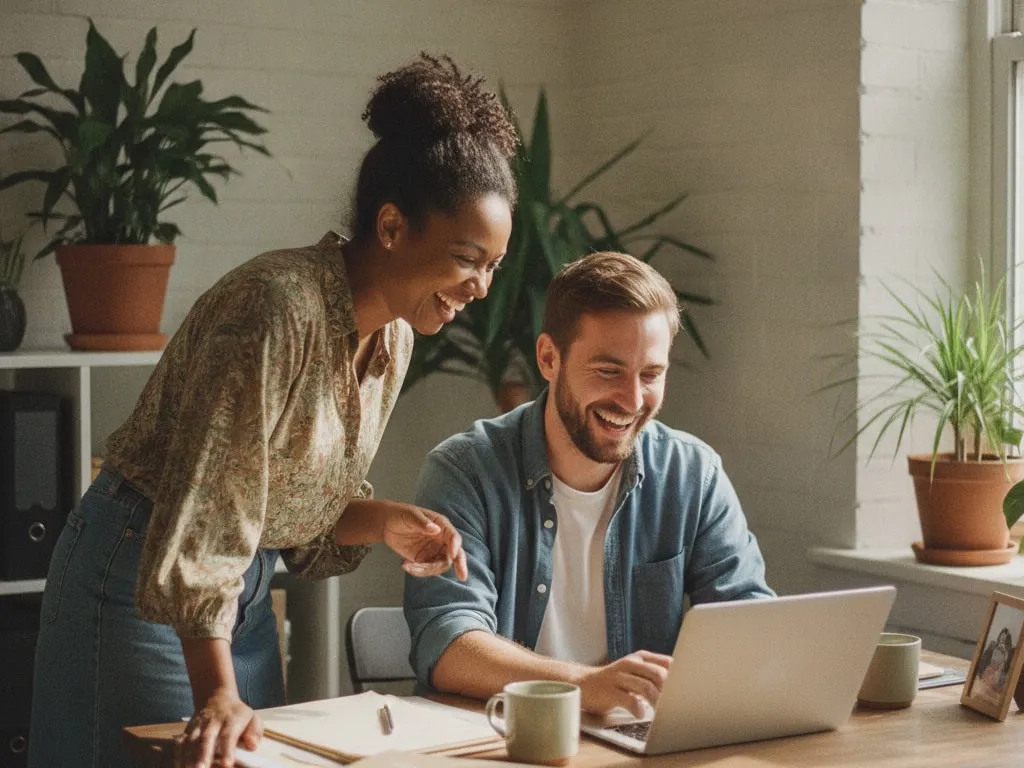 Representative image: two care coordinators laugh together over a laptop in a bright office
