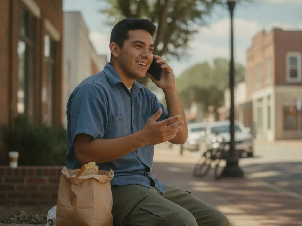 Representative image: a young man takes a phone call on his lunch break, smiling